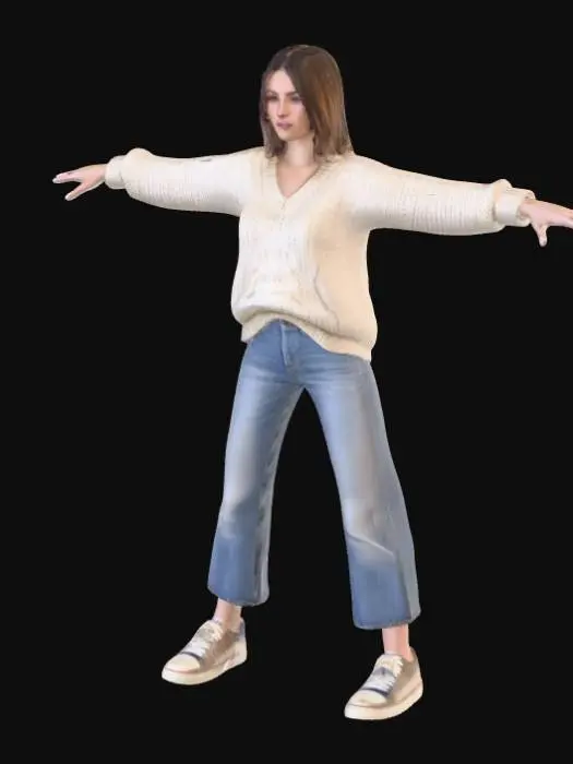 3D model for A high resolution young female adult wearing an Aran sweater, a pair of old jeans and well worn white trainers 