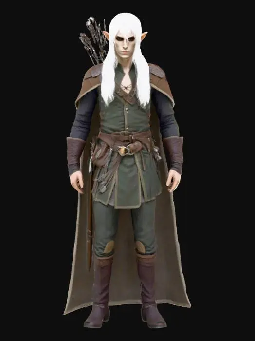 3D model for A hyperrealistic young dark elf male, slender with long white hair, dressed as a DND ranger, medically accurate bone structure