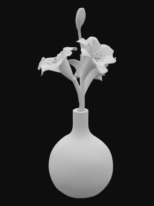 3D model for A translucent thin amber vase with a cream colored frezia flower in it