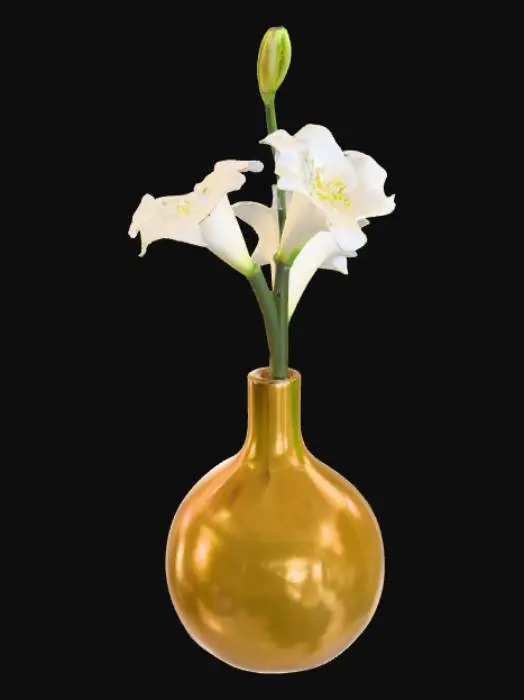3D model for A translucent thin amber vase with a cream colored frezia flower in it