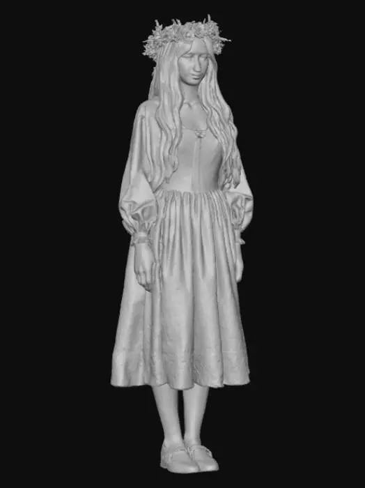 3D model for A Pre-Raphaelite maiden with a medieval brightly coloured floral dress, long auburn hair loose