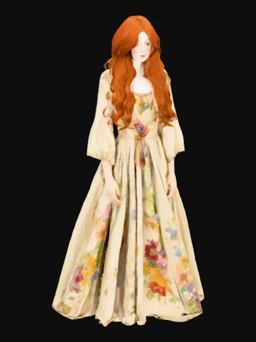 3D model for A Pre-Raphaelite maiden with a medieval brightly coloured floral dress, long auburn hair loose