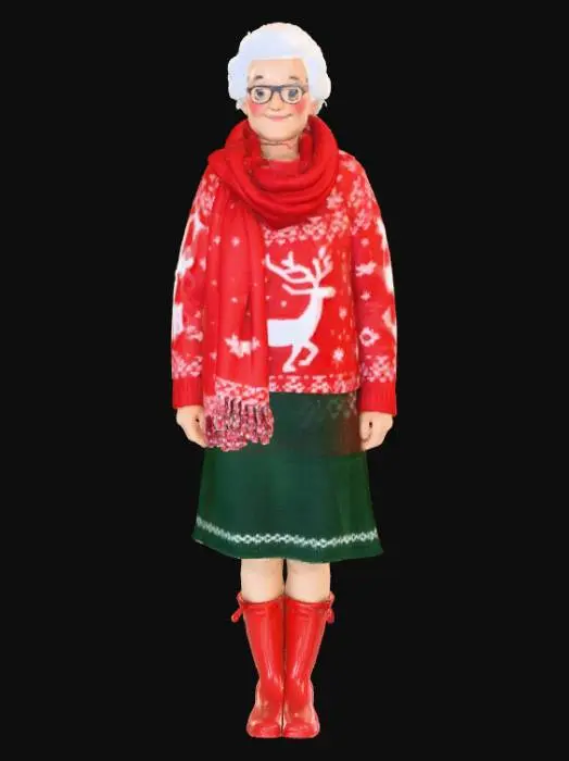 3D model for A sweet granny wearing a Christmas fairisle knitted sweater over a green tweed skirt and red rubber boots , #Christmas2025#