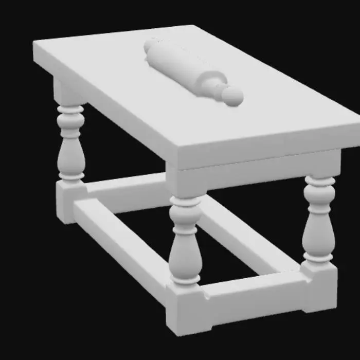 3D model for A high resolution rustic kitchen table sprinkled with flour, with a stretched piece of dough on it and a rolling pin on the dough