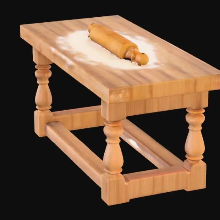 3D model for A high resolution rustic kitchen table sprinkled with flour, with a stretched piece of dough on it and a rolling pin on the dough