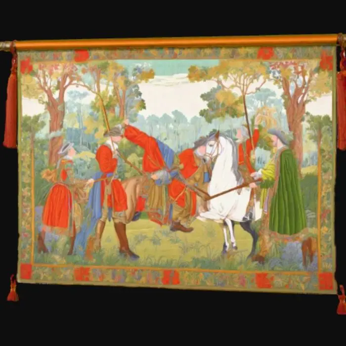 3D model for A medieval tapestry featuring a hunting scene in a green forest, the participants are dressed in luscious vibrant colours. The tapestry is hanging from a bronze rod