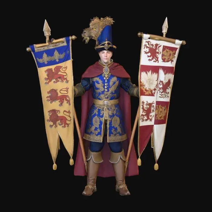 3D model for a medieval herald holding  a heraldic banner in each hand