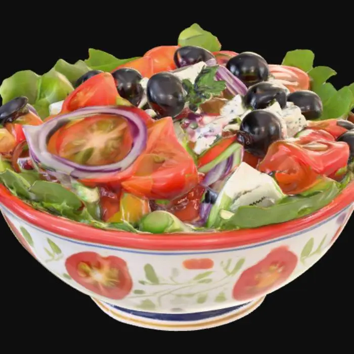 3D model for Greek salad in a hand painted ceramic bowl 