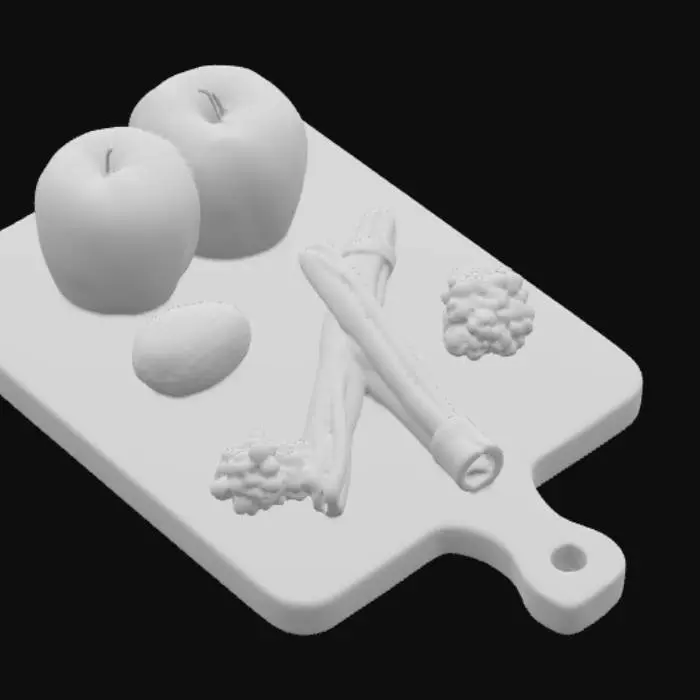 3D model for Cinnamon sticks, walnuts and apples on a worn wood cutting board 