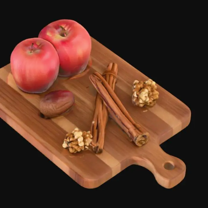 3D model for Cinnamon sticks, walnuts and apples on a worn wood cutting board 