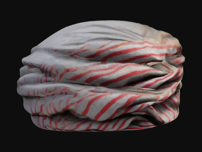 3D model for Create a high-quality 3D model of a traditional wrapped turban. The turban should have realistic fabric folds, creases, and texture similar to soft cotton or linen with subtle striped patterns. Ensure the wrapping style is asymmetrical and layered, maintaining the organic look of a manually wrapped cloth. The fabric should have slight imperfections and a natural drape.

Textures should be detailed with a slightly rough weave, and shading should reflect realistic fabric properties. 