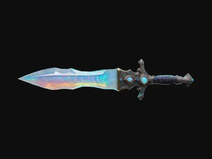 3D model for A Highly Detailed ornate assassin dagger, made of pure carved opal crystal. The opal crystal has cracks glowing with a mysterious rainbow light. 