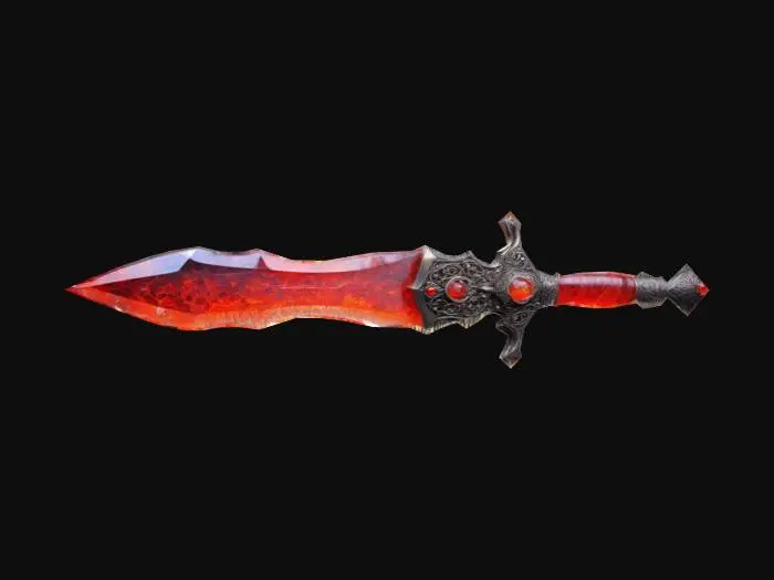3D model for A Highly Detailed ornate assassin dagger, made of pure carved opal crystal. The opal crystal has cracks glowing with a mysterious rainbow light. 