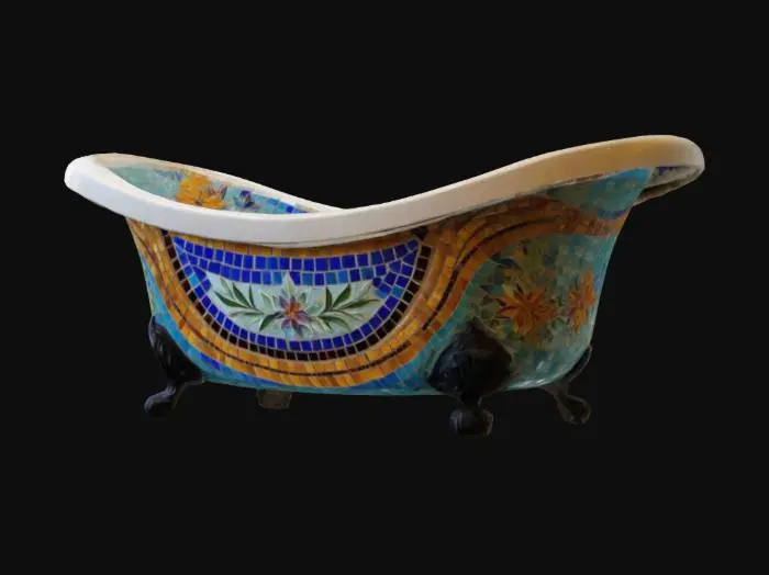 3D model for A mosaic adorned venetian style bathtub. It's richly adorned with colorful Mediterranean-style tiles. . 
