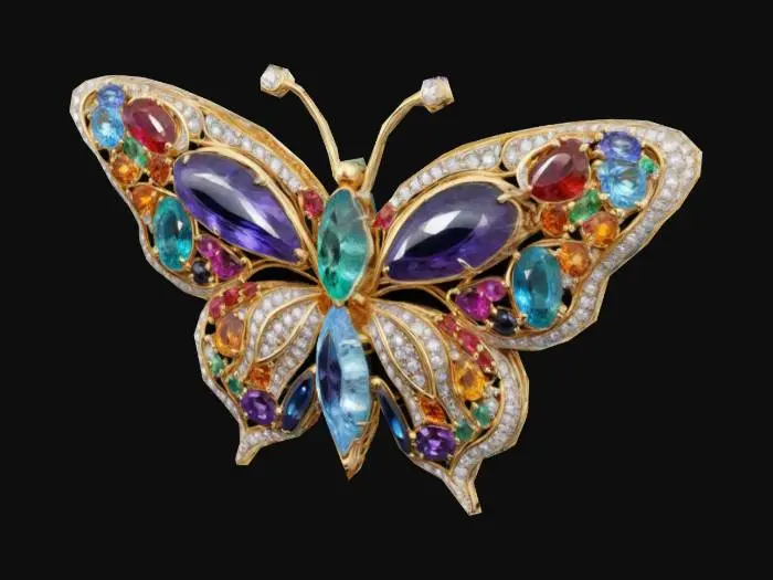 3D model for Butterfly badge made of sparkling jewels and silver. Brooch style. 