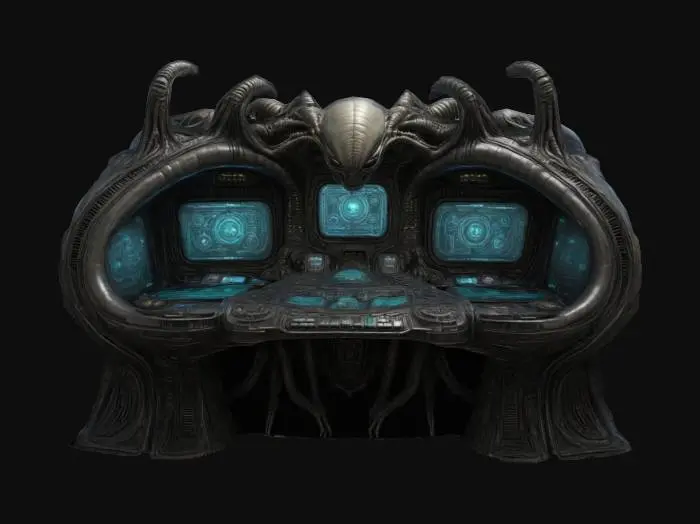 3D model for an alien spaceship console with various screens and alien symbols, H.R. Giger inspired. 