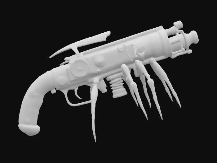 3D model for A steampunk spider gun, with cogs and gears, and a dinosaur bone handle, with futuristic inspired glowing energy colors. , #ChronoForgeWeapon#