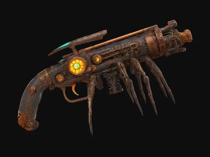 3D model for A steampunk spider gun, with cogs and gears, and a dinosaur bone handle, with futuristic inspired glowing energy colors. , #ChronoForgeWeapon#