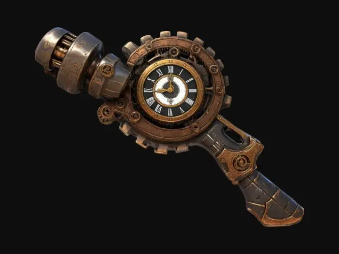 3D model for A steampunk cog hammer with a clock face, and a futuristic twist.  stylized and clean fantasy style weapon., #ChronoForgeWeapon#