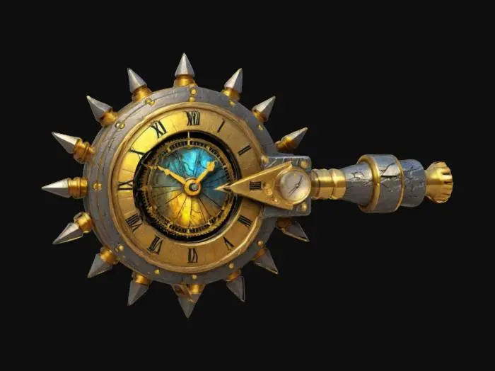3D model for A spiked steampunk inspired cog hammer, with a clock face and shiny and vibrant gold and labradorite texture. Futuristic electrode piston handle. , #ChronoForgeWeapon#, Legendary stylized weapon style. 