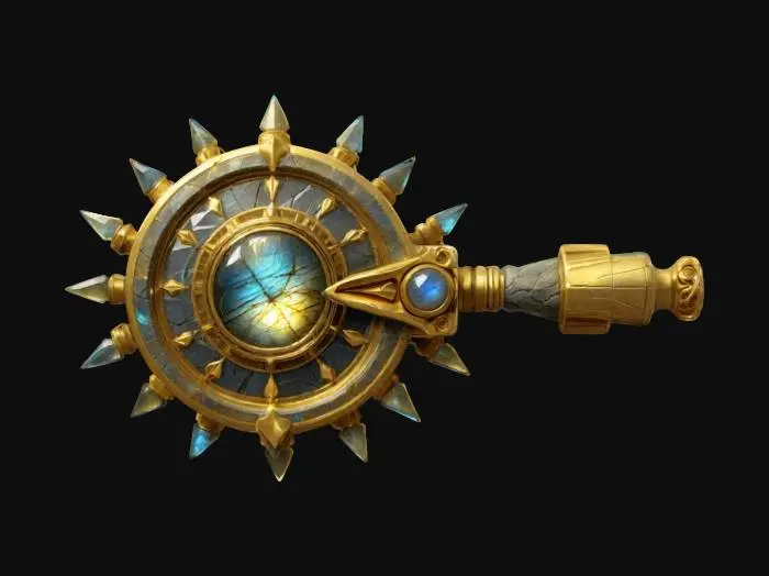 3D model for A spiked steampunk inspired cog hammer, with a clock face and shiny and vibrant gold and labradorite texture. Futuristic electrode piston handle. , #ChronoForgeWeapon#, Legendary stylized weapon style. 