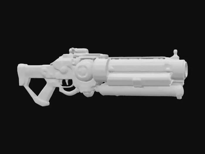 3D model for A Scifi Steampunk Railgun with glowing emissive highlights, armor plated casing and steampunk style fuse cylinders which act as batteries to power the weapon. A futuristic Steampunk clock is included in the design. , #ChronoForgeWeapon#