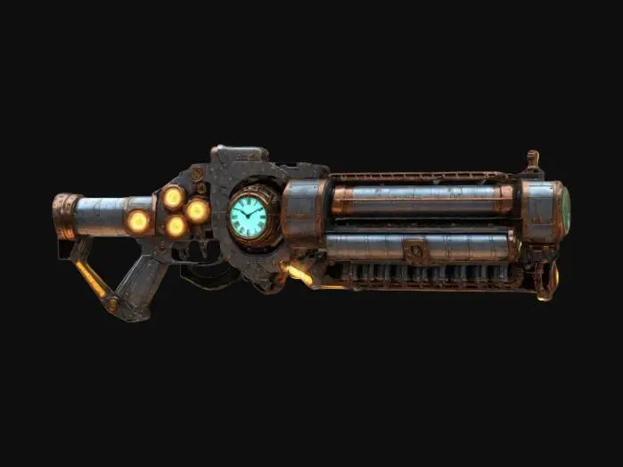 3D model for A Scifi Steampunk Railgun with glowing emissive highlights, armor plated casing and steampunk style fuse cylinders which act as batteries to power the weapon. A futuristic Steampunk clock is included in the design. , #ChronoForgeWeapon#