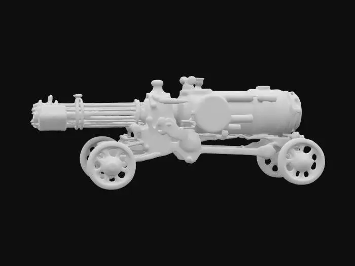 3D model for A Scifi Steampunk Railgun cannon, Artillery on wheels object. with glowing emissive highlights, armor plated casing and steampunk style fuse cylinders which act as batteries to power the weapon. A futuristic Steampunk clock is included in the design. , #ChronoForgeWeapon#