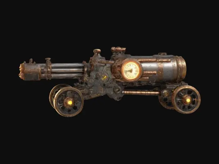 3D model for A Scifi Steampunk Railgun cannon, Artillery on wheels object. with glowing emissive highlights, armor plated casing and steampunk style fuse cylinders which act as batteries to power the weapon. A futuristic Steampunk clock is included in the design. , #ChronoForgeWeapon#