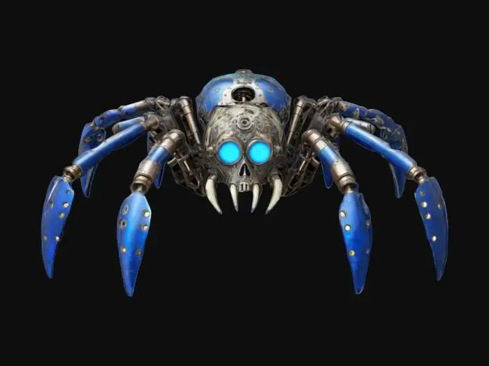 3D model for A chrono spider, Victorian steam punk style with shiny metal armor plating and various cogs and pistons. With an ancient bone mask and fangs #ChronoForgeWeapon#