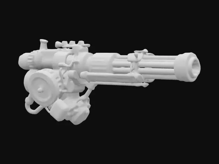 3D model for A Scifi Steampunk Railgun cannon, glowing emissive highlights, armor plated casing and steampunk style fuse cylinders which act as batteries to power the weapon. A futuristic Steampunk clock is included in the design. , #ChronoForgeWeapon#