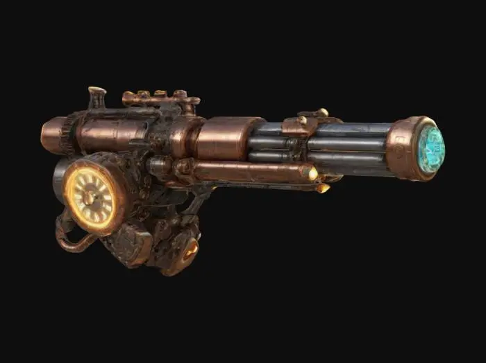 3D model for A Scifi Steampunk Railgun cannon, glowing emissive highlights, armor plated casing and steampunk style fuse cylinders which act as batteries to power the weapon. A futuristic Steampunk clock is included in the design. , #ChronoForgeWeapon#