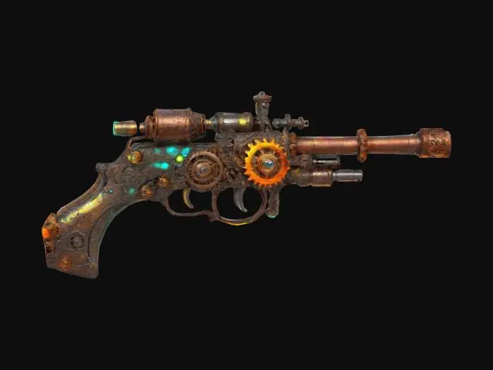 3D model for A steampunk spider gun, with cogs and gears, and a dinosaur bone handle, with futuristic inspired glowing energy colors. , #ChronoForgeWeapon#