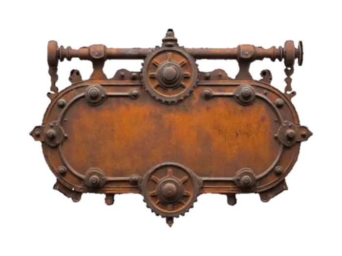 An old rusty sign, Blank metal with no text. In steampunk style. 3D model, vytvořený pomocí AI
