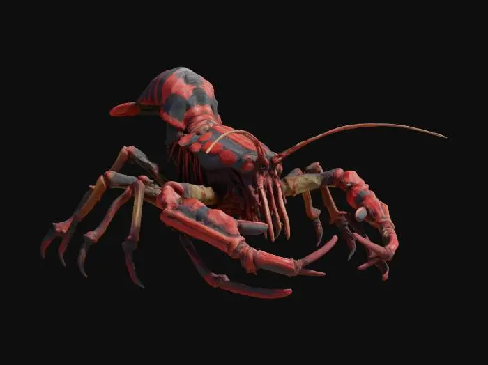 3D model for A lobster made of skeletal bone, with dark red and black poisonous shell patterns, horrifying monstrosity creature. Inspired by Lovecraftian Horror. 