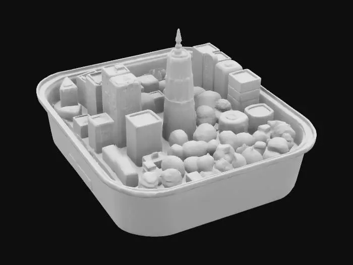 3D model for [Japan] A small bento box rebuilt as a miniature urban city grid with sculpted food buildings #AroundTheWworld#
