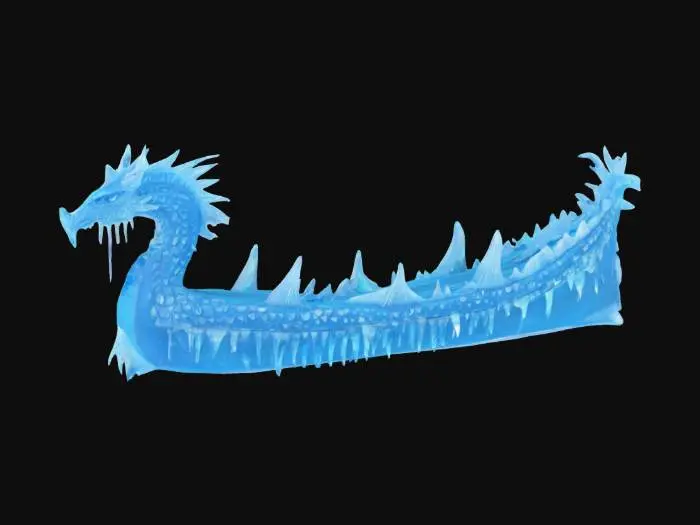 3D model for [Iceland] A Viking longboat with a dragons head, made of deep blue cracked ice with blue glowing eyes. There are also hanging icicles #AroundTheWorld#