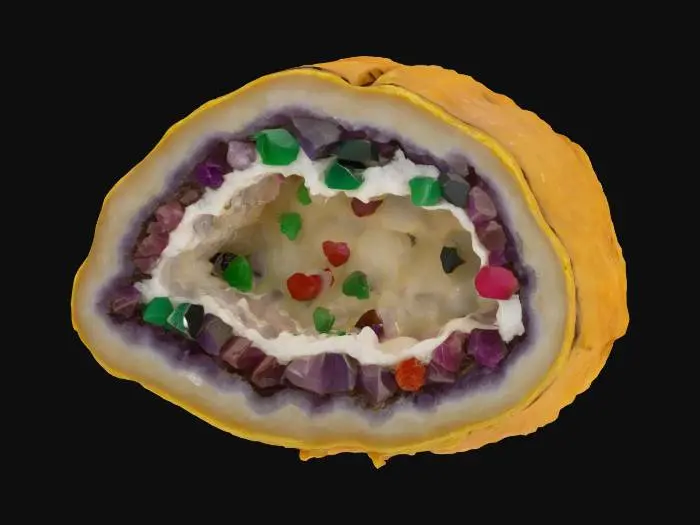3D model for [Venezuela] An arepa split open like a geode, with fillings sculpted from gemstone textures to highlight layered contrast #AroundTheWorld#