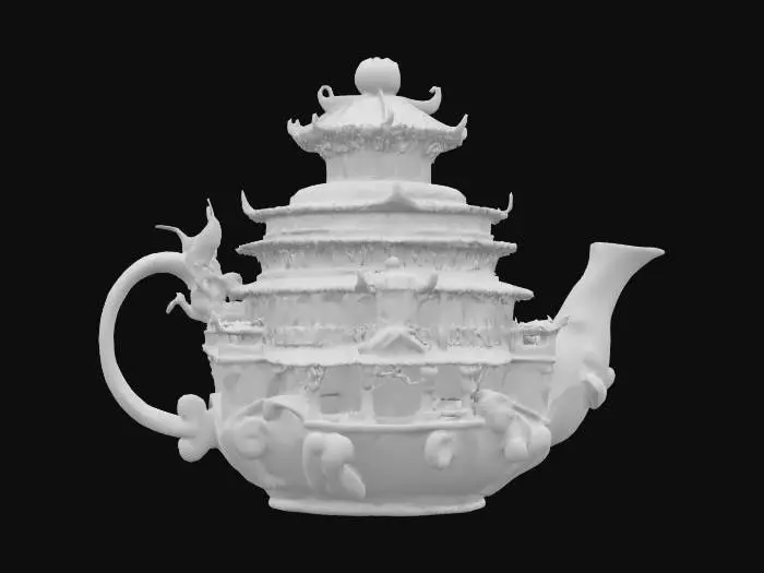 3D model for [China] A giant porcelain teapot carved like a temple, with blue and white patterns coming to life as swirling spirits. #AroundTheWorld#