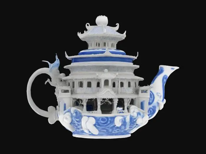 3D model for [China] A giant porcelain teapot carved like a temple, with blue and white patterns coming to life as swirling spirits. #AroundTheWorld#
