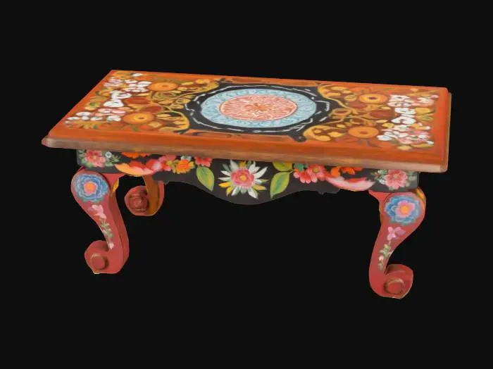 3D model for [Mexico] A hand-painted wooden table where the folk art patterns gently rearrange themselves when no one is looking, like a living mural. #AroundTheWorld#