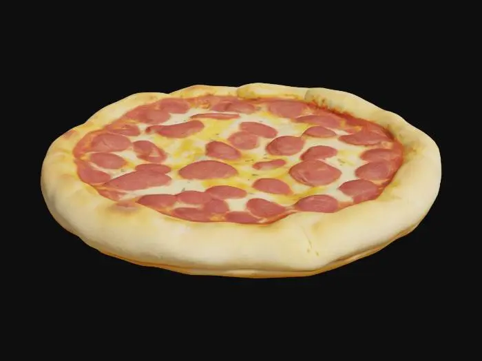3D model for A pizza with pepperoni on top, but on the underside is plain dough. 