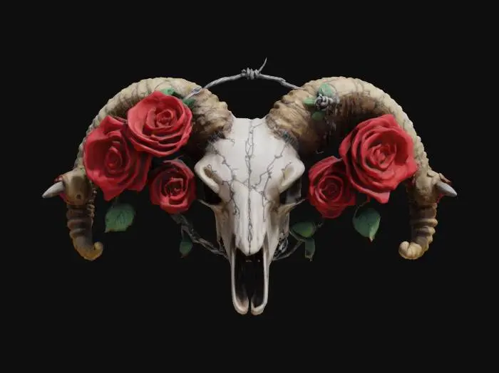 3D model for A ram skull emblem, with barbed wire frame which has intertwined roses, western fantasy game prop style object. , #emblem#