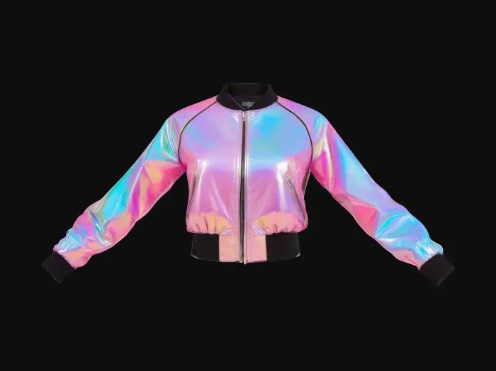 3D model for "Cropped bomber jacket in glossy iridescent vinyl, front-facing with arms slightly out, ribbed cuffs visible, on white.