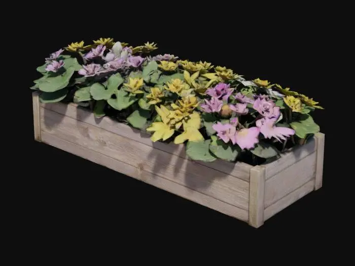 3D model for A rustic, rectangular wooden planter box, roughly two feet long, with a weathered, splintered surface showing faint traces of moss and soil. It holds a vibrant assortment of blooming flowers, their delicate petals ranging from soft pinks and purples to bright yellows and whites. The leaves are a rich green, and some individual blossoms display a velvety texture, while others appear more papery or waxy. Dark, moist soil is visible beneath the floral canopy.