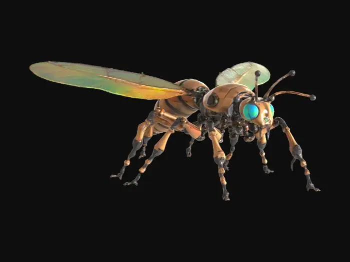 3D model for Hovering steampunk insect mech, bronze plating, articulated jointed legs, clockwork wings, iridescent glass orbs, retro‑tech meets biotech, solid form, game‑ready look