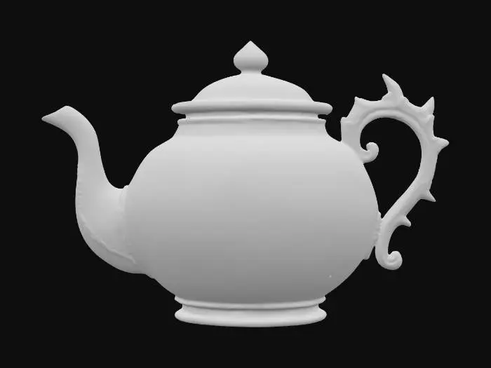 3D model for A beautiful teapot with a mountain scene painted on it. It's made of ceramic but has a silver gold filigree handle and lid and spout. , #PBR#