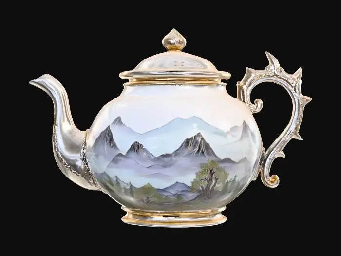 3D model for A beautiful teapot with a mountain scene painted on it. It's made of ceramic but has a silver gold filigree handle and lid and spout. , #PBR#