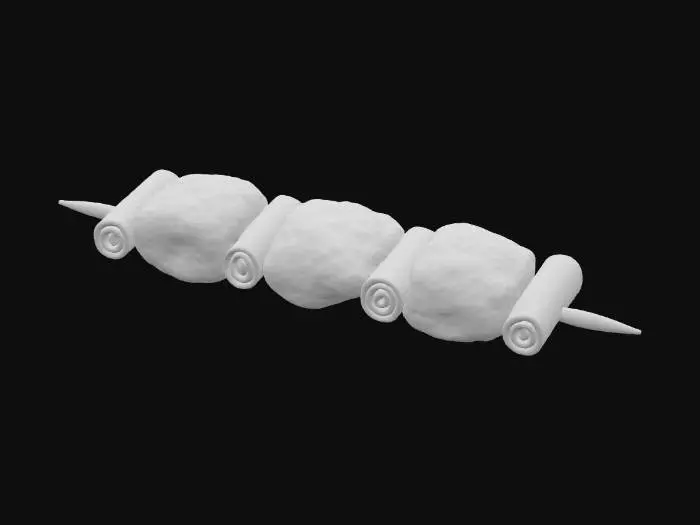 3D model for A glistening skewer of yakitori chicken, featuring three succulent cubes of marinated, char-grilled chicken thigh. The chicken pieces are a rich, caramelized brown, with visible grill marks and a slight sticky glaze from the tare sauce. Separating the chicken are bright green, slightly softened scallion pieces. The ingredients are impaled on a slender, pale wooden skewer, presenting a compact, savory stack., #food#
