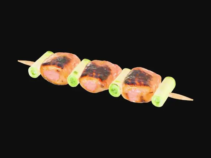 3D model for A glistening skewer of yakitori chicken, featuring three succulent cubes of marinated, char-grilled chicken thigh. The chicken pieces are a rich, caramelized brown, with visible grill marks and a slight sticky glaze from the tare sauce. Separating the chicken are bright green, slightly softened scallion pieces. The ingredients are impaled on a slender, pale wooden skewer, presenting a compact, savory stack., #food#